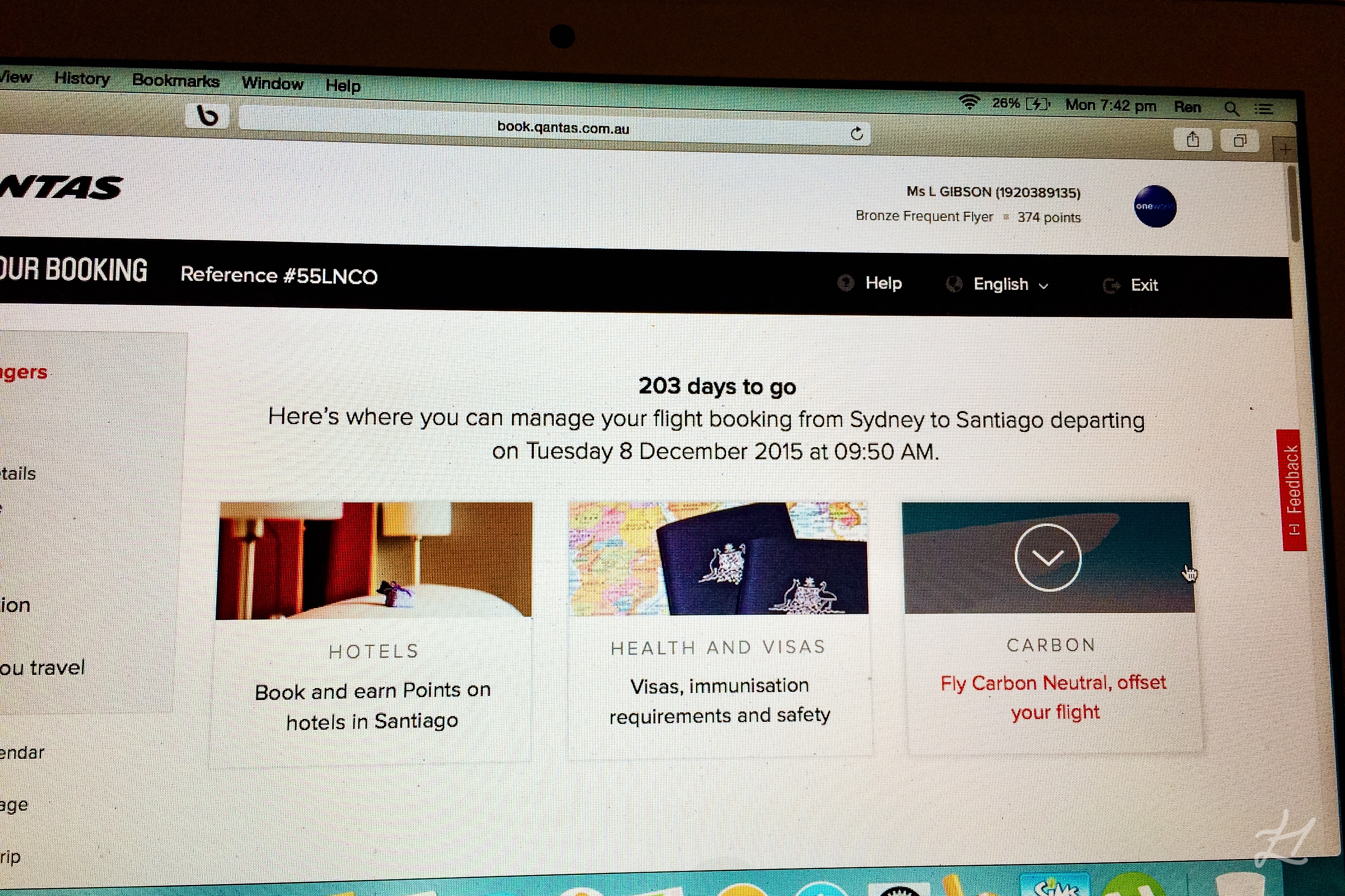 Qantas website of my booked flight to Santiago, Chile