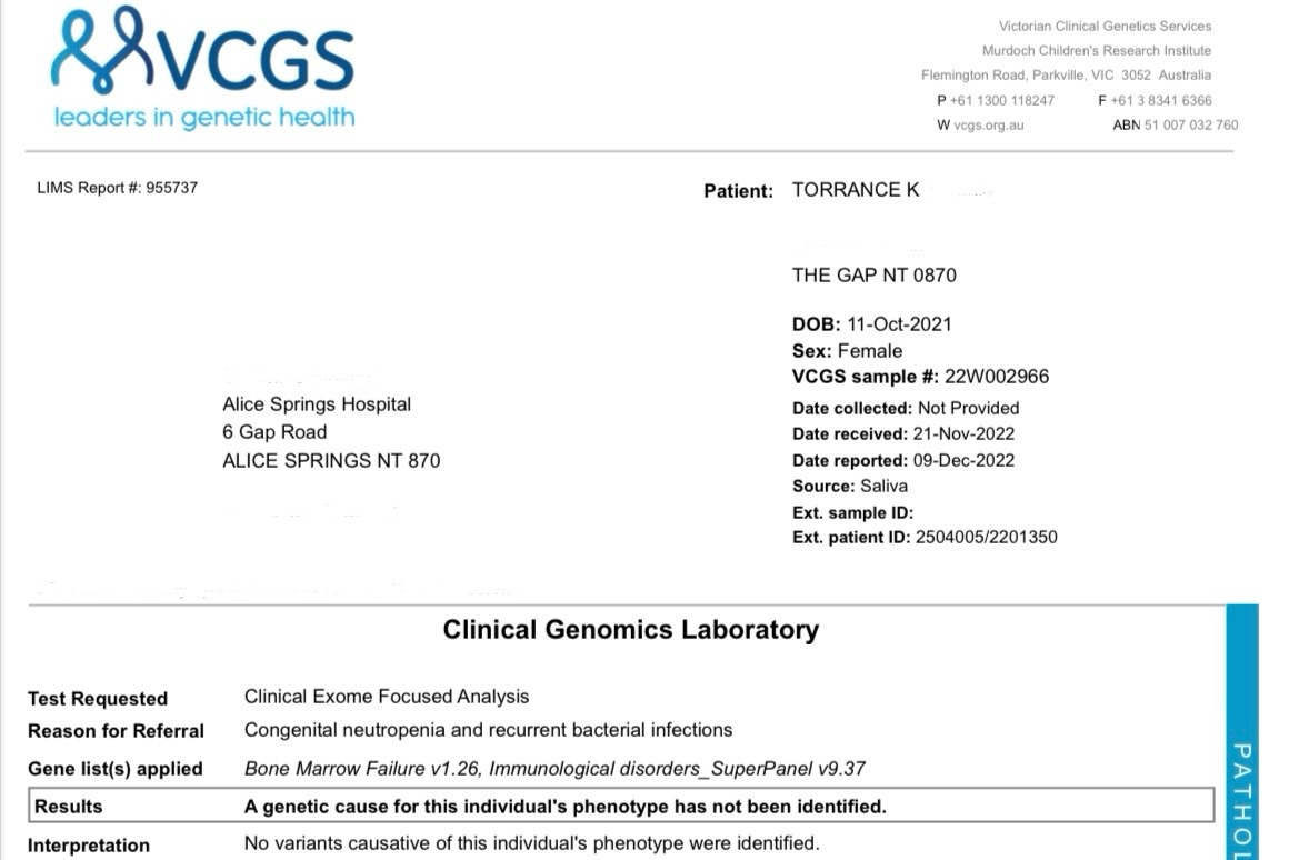 Genetic test results about neutropenia