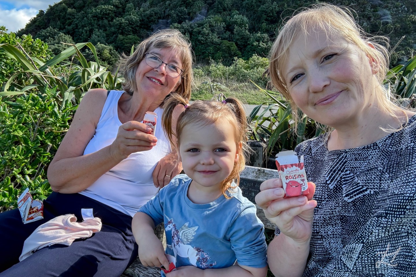 Mum, Kaydes, and me - multi-generational travellers with raisins!